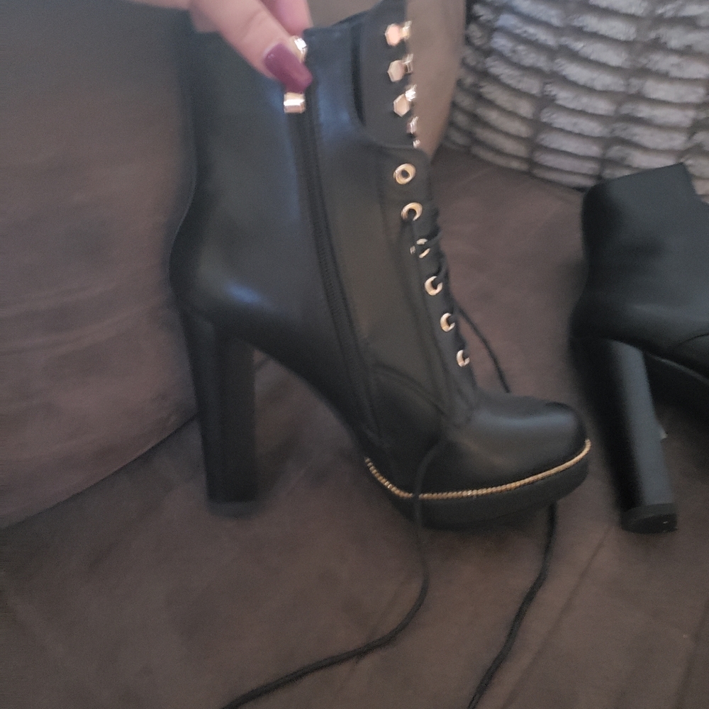 Gold studded lace up platform heel booties